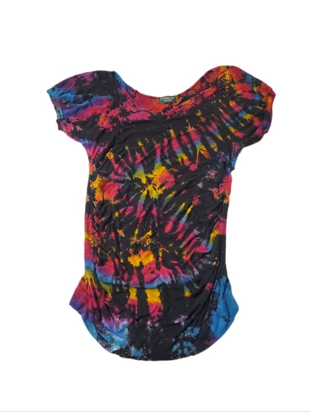 Kathmandu Imports Women's Multi-Color Tie Dye Ruched Short Sleeve Top Medium